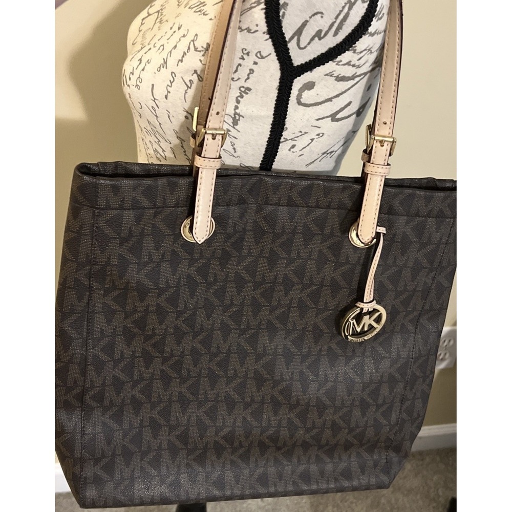 Michael Kors Signature MK Tote Brown Leather Trim Shoulder Bag Logo Excellent